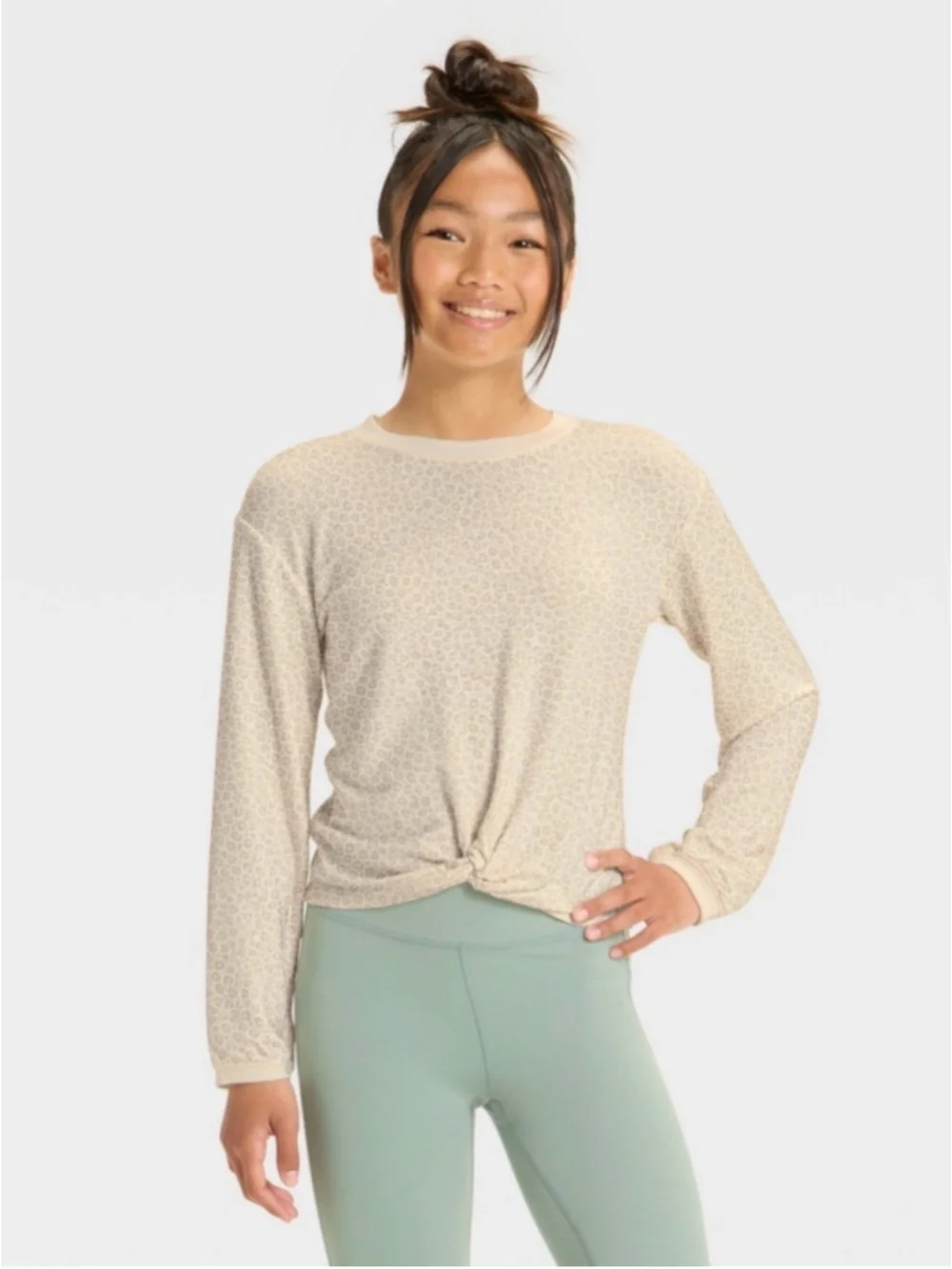 Girls Modal French Terry Crewneck Sweatshirt All In Motion Cream Leopard XL NWT